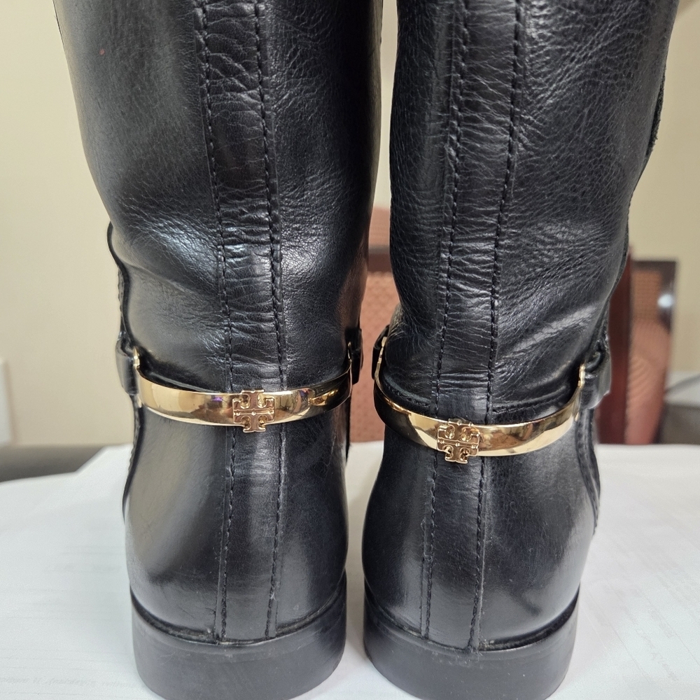 Tory Burch Black Leather Riding Boots 7.5M Gold Logo Hardware Equestrian Tall - Picture 15 of 15
